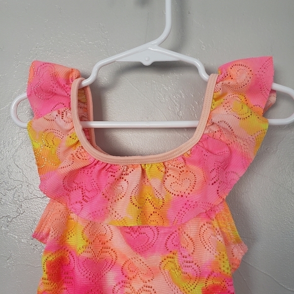 Wonder Nation Toddler Girl 4T One Piece Swim Suit Neon Orange Pink Yellow Hearts - Picture 2 of 5